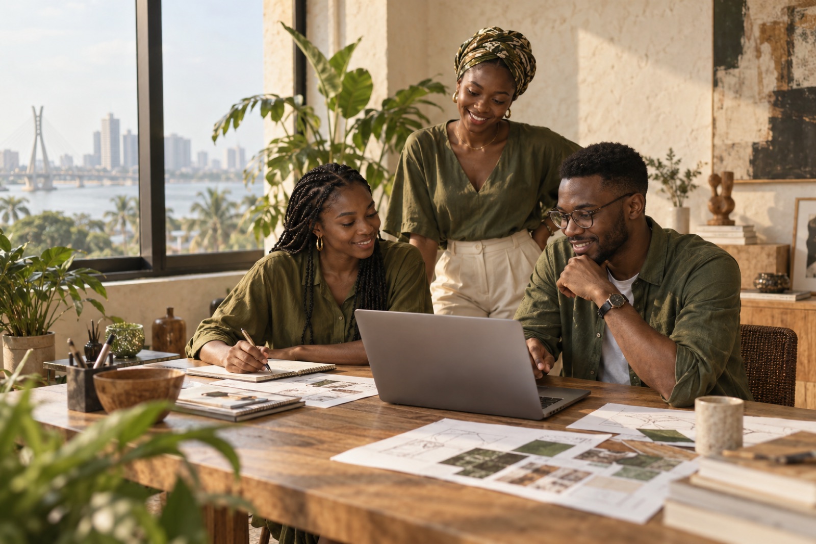 Illustrative scene of Nigerian creative entrepreneurs collaborating in a sunlit studio